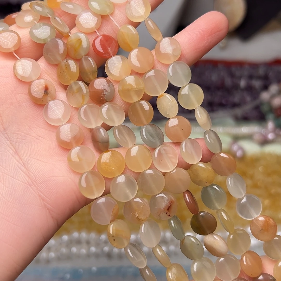 玛瑙/玉髓合金珠宝半成品Y458。9mm彩兔毛圆饼一条