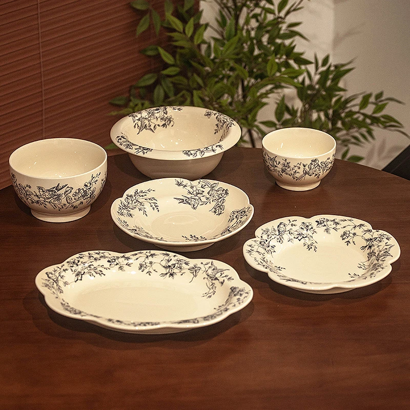 法式中古风餐具碗碟盘筷组合釉下彩套装乔迁新居家用高颜值吃饭碗