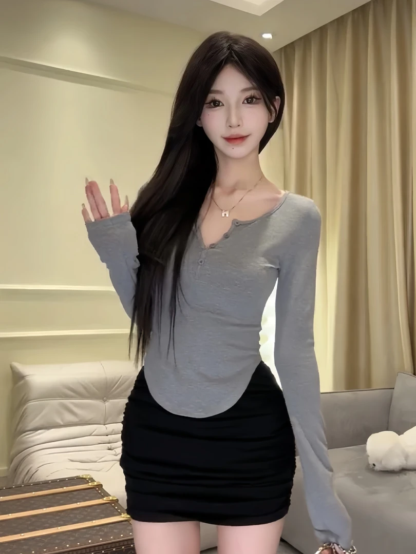 性感半开领长袖T恤打底女秋季新款修身显瘦小众炸街修身显瘦上衣