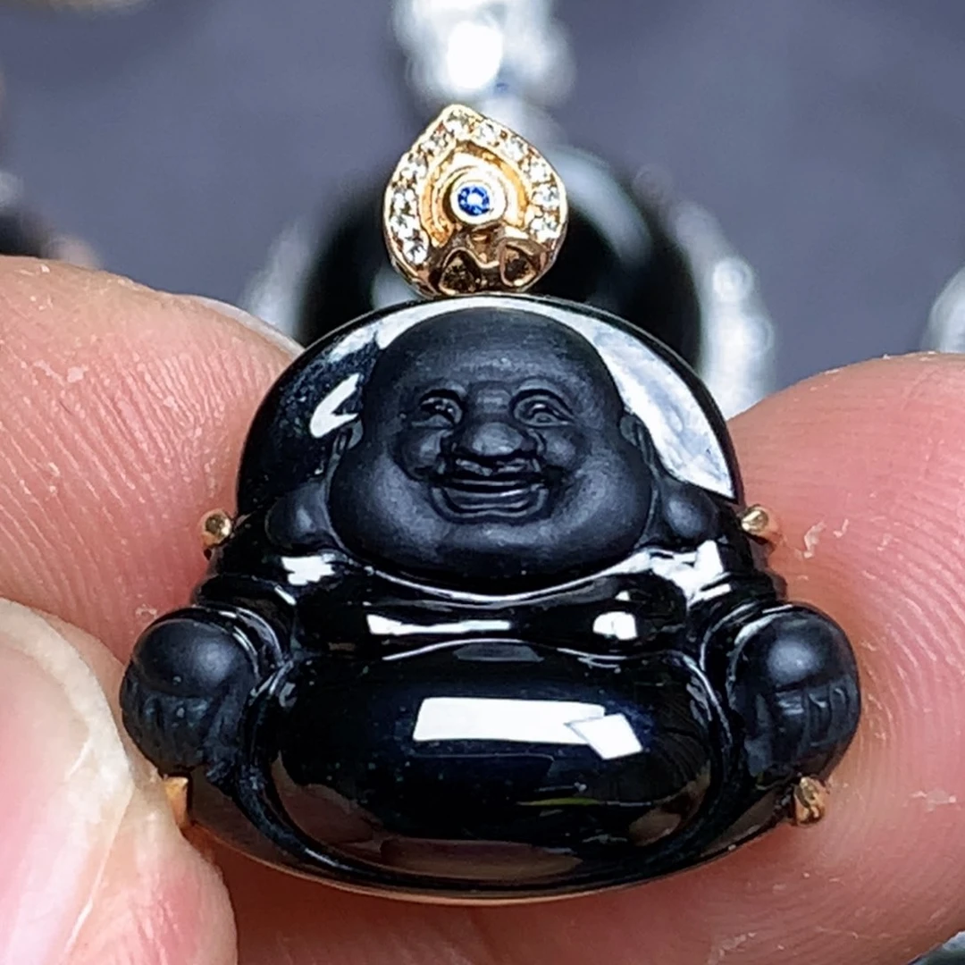 颈饰18K金镶嵌翡翠墨翠佛公