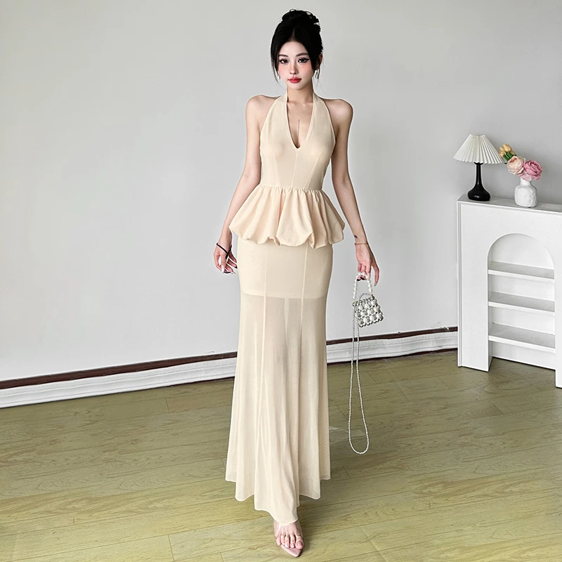 Malou 法式优雅荷叶边遮腰显瘦V领网纱拼接挂脖连衣裙女K25D65725