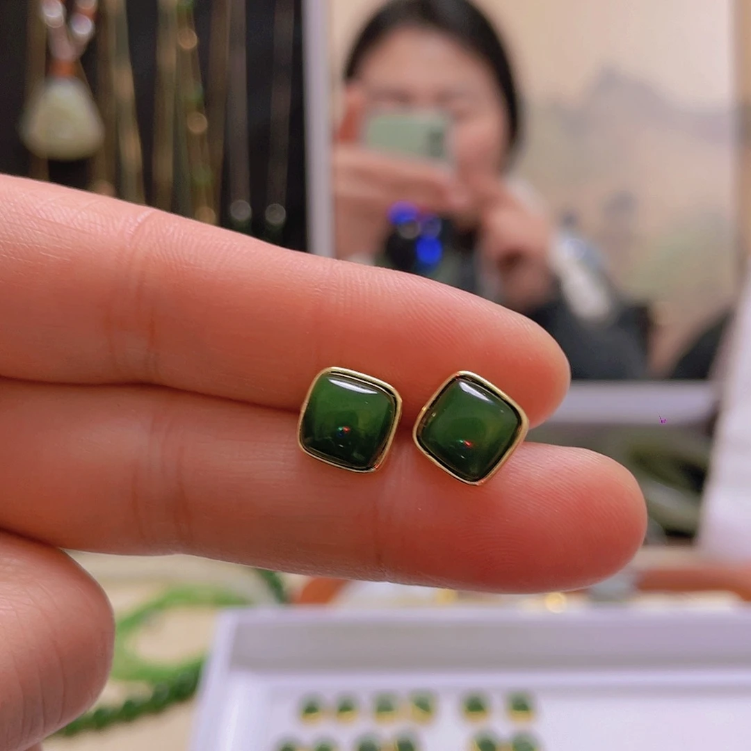 和田玉耳饰银S925镀金镶嵌