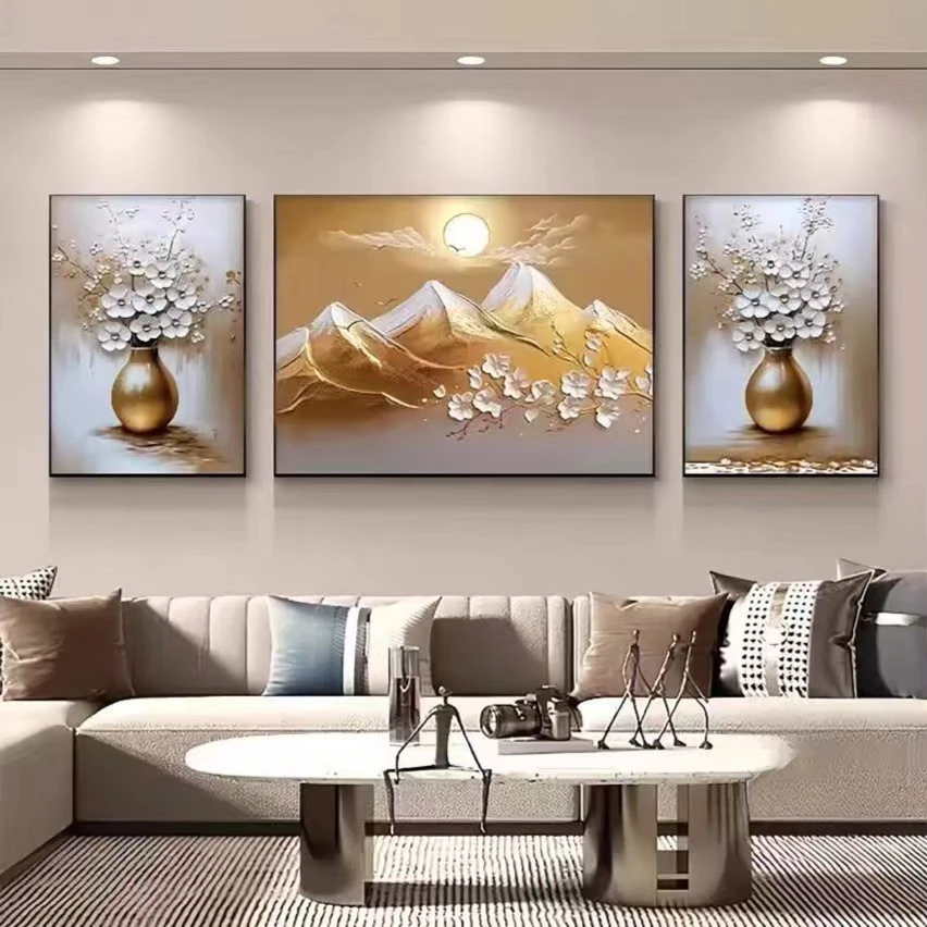 升级款-日照金山客厅装饰画轻奢沙发背景墙台球挂画三联山水壁画