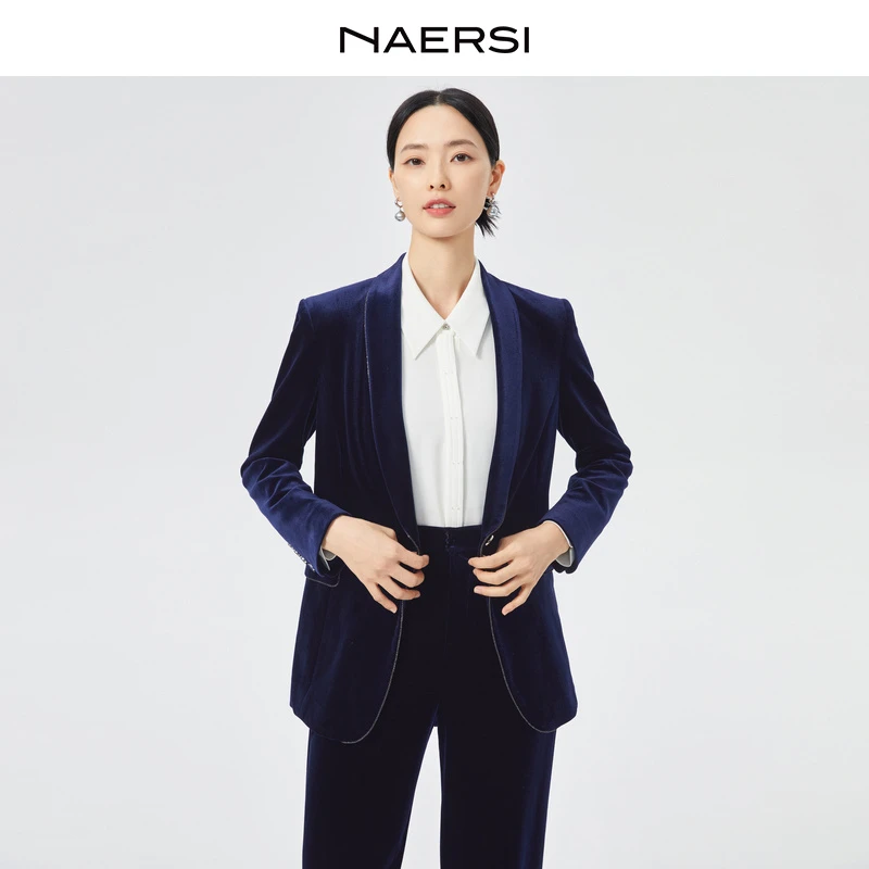 娜尔思金丝绒气质长袖蓝色时尚修身商务职业秋冬外套NA02396Q7