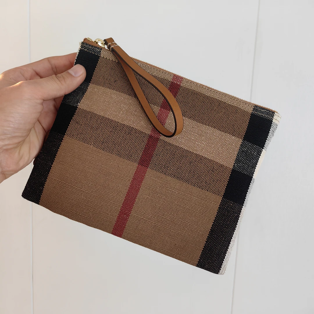 新款黄麻料格子拉链女士手包便携通勤女包