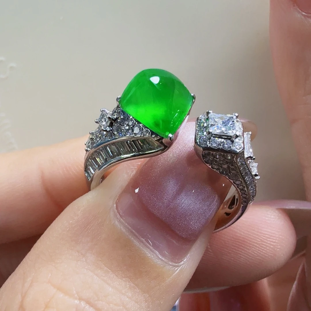 翡翠18K金镶嵌戒指冰阳绿满绿随行切割设计款开口戒指