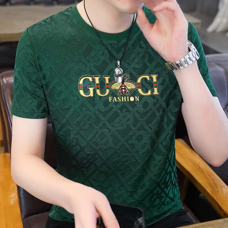 高端刺绣冰丝短袖T恤男夏季新款圆领修身速干薄款潮牌男士半袖潮