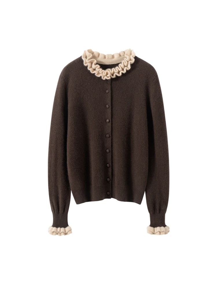 时尚气质长袖上衣2025秋冬装法式木耳边撞色宽松精仿毛衫减龄通勤