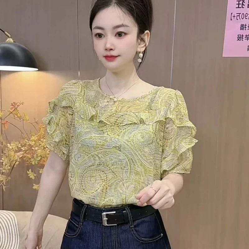 欧货圆领荷叶边碎花短袖衬衫女2025夏季新款宽松显瘦百搭洋气上衣