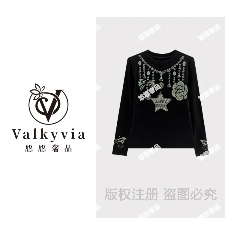 【Valkyvia/悠悠奢品】新款烫钻休闲宽松时尚气质圆领T恤T9286
