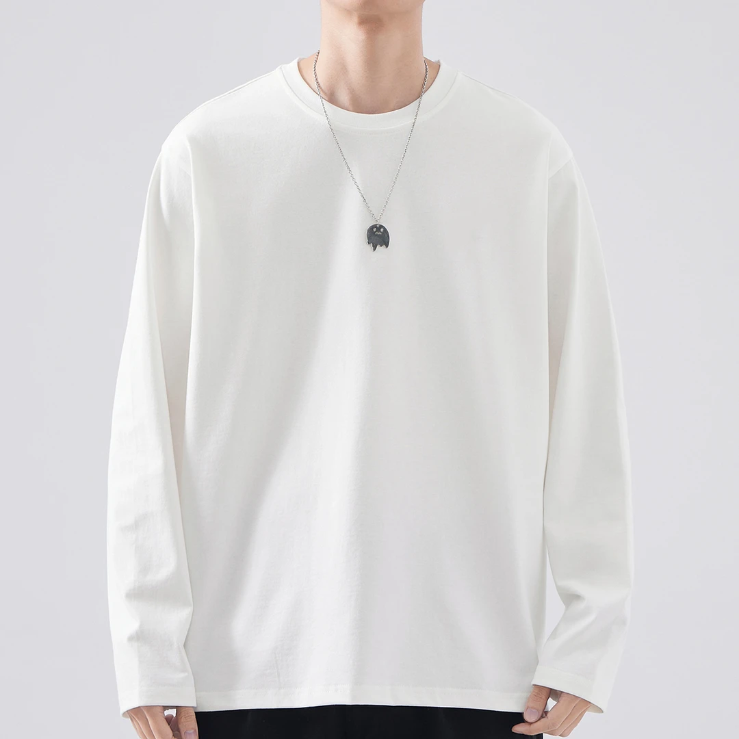 纯色长袖t恤春秋纯棉百搭打底衫男女同款重磅宽松圆领