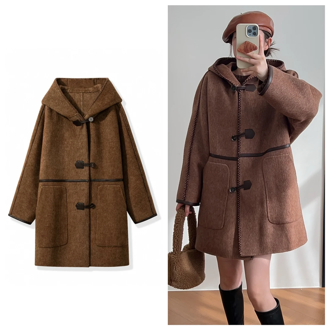 10885【Fab订单】手工勾边手缝大衣中长款慵懒风骆驼绒宽松外套秋冬