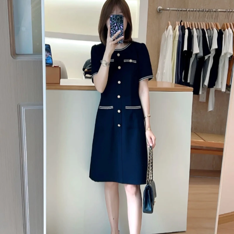 夏季新款小香风气质女神范显瘦短袖连衣裙时尚通勤小个子A字裙子