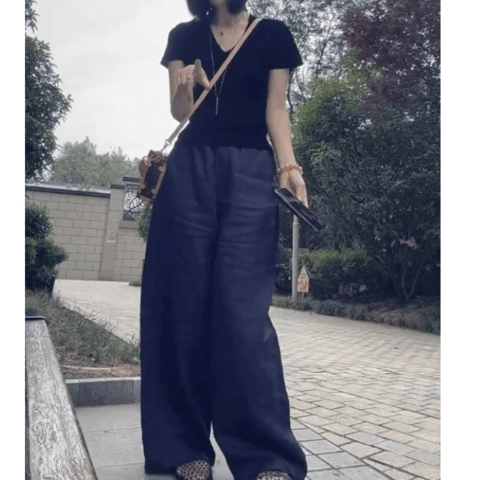 夏季V领T恤松弛感宽松阔腿裤女装1