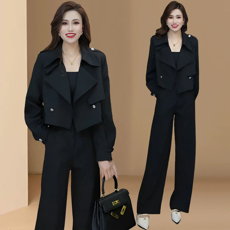 时尚套装女2025春秋新款设计感短款风衣外套高腰阔腿裤长裤两件套