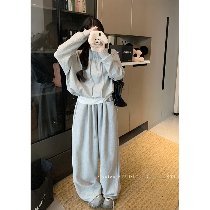 慵懒风宽松抽绳立领长袖卫衣女秋季灰色套装垂感休闲阔腿裤两件套