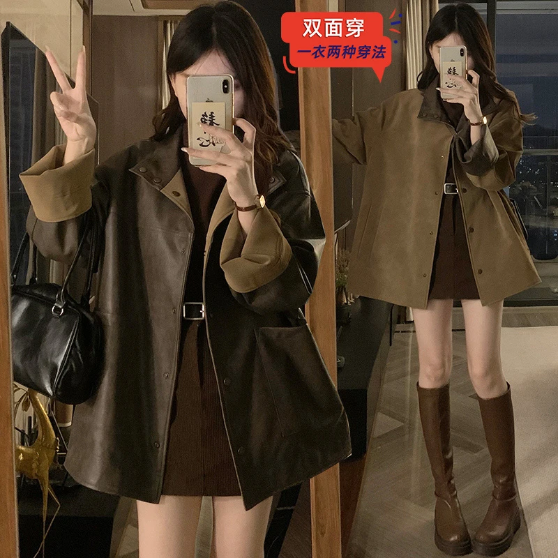 拉夏贝尔皮衣外套女爆款2025春秋新款韩版休闲百搭小个子显瘦上衣