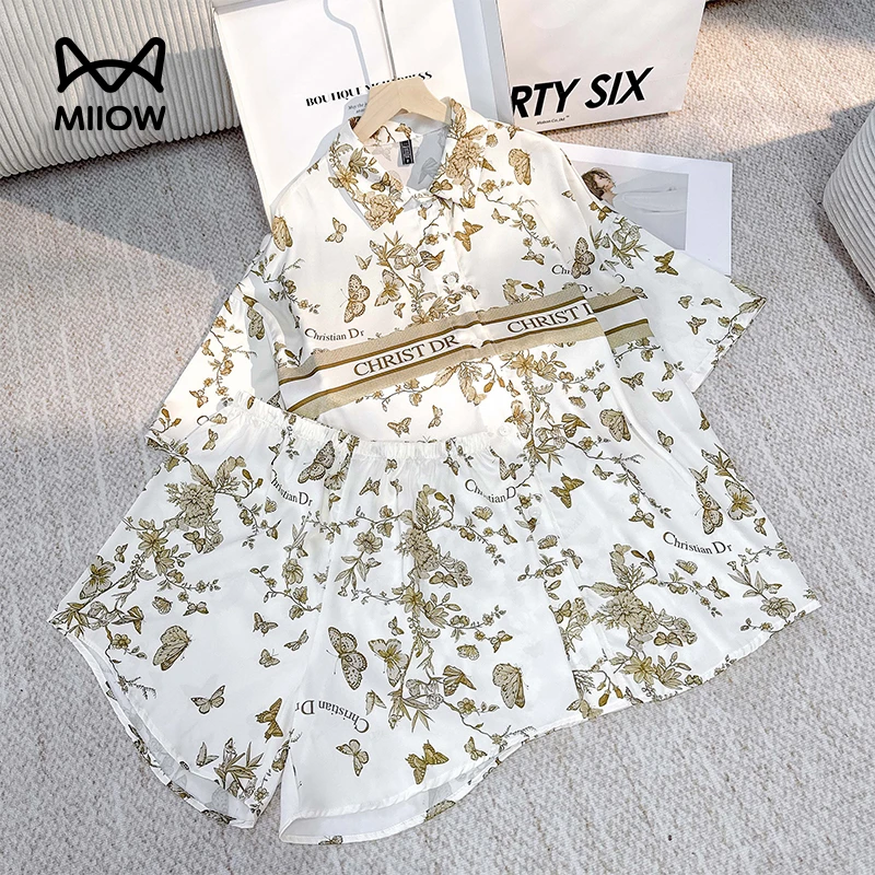 MiiOW/猫人睡裙新款短袖衬衫裙短裤两件套女款高级感可外穿家居服