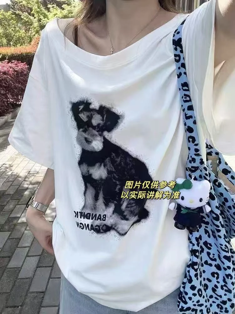 胖家专属美式卡通小狗印花斜肩短袖+七分牛仔裤9936#9953