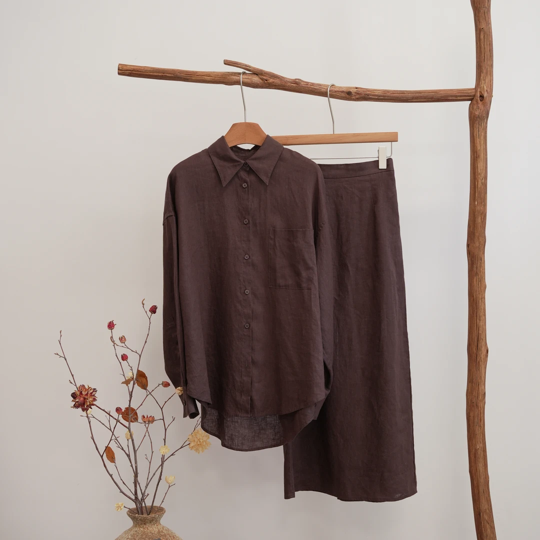 RV家100亚麻法式老钱风休闲宽松舒适极简大牌上衣半裙套装253068