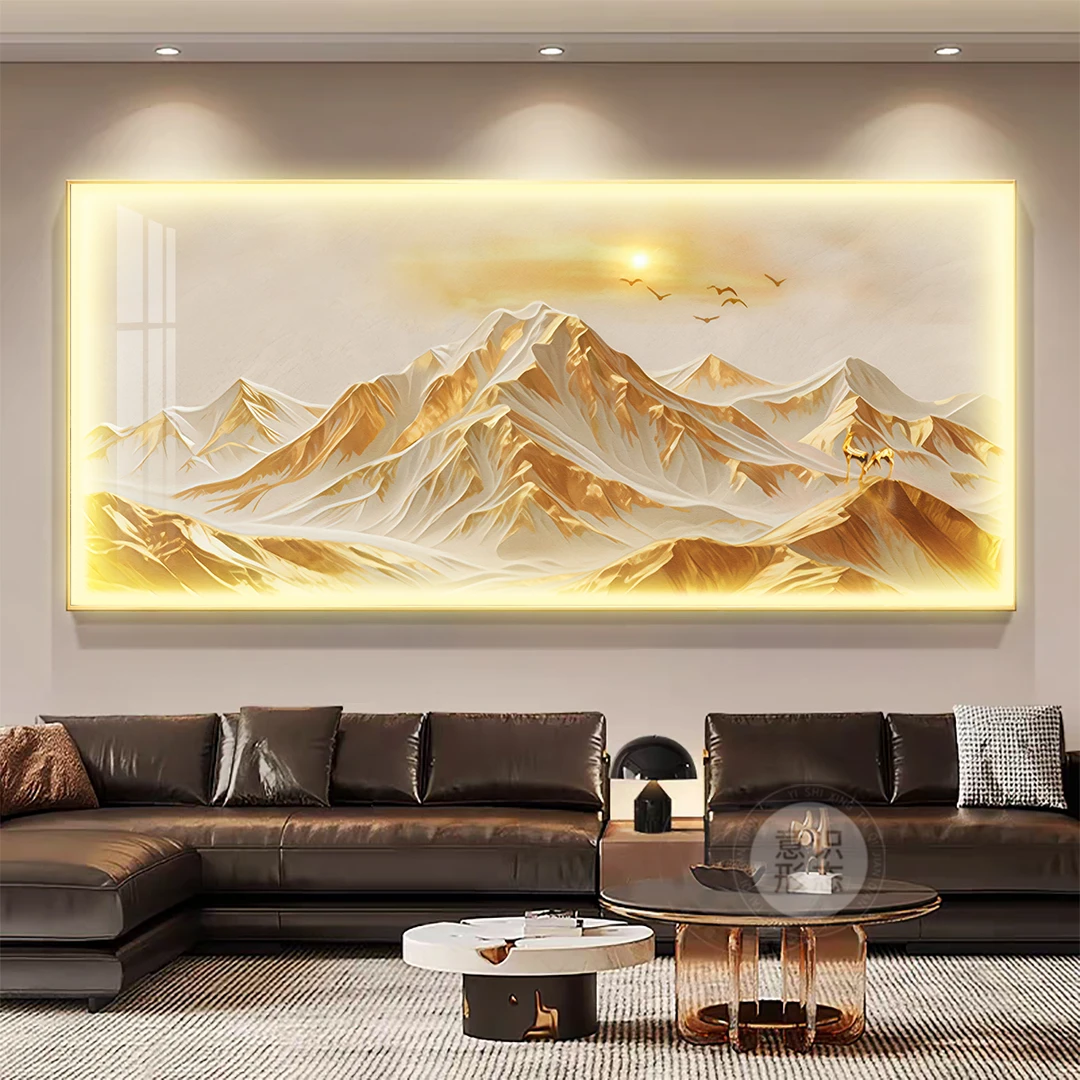 日照金山客厅装饰画轻奢大气沙发背景墙挂画高级感带灯墙面壁画