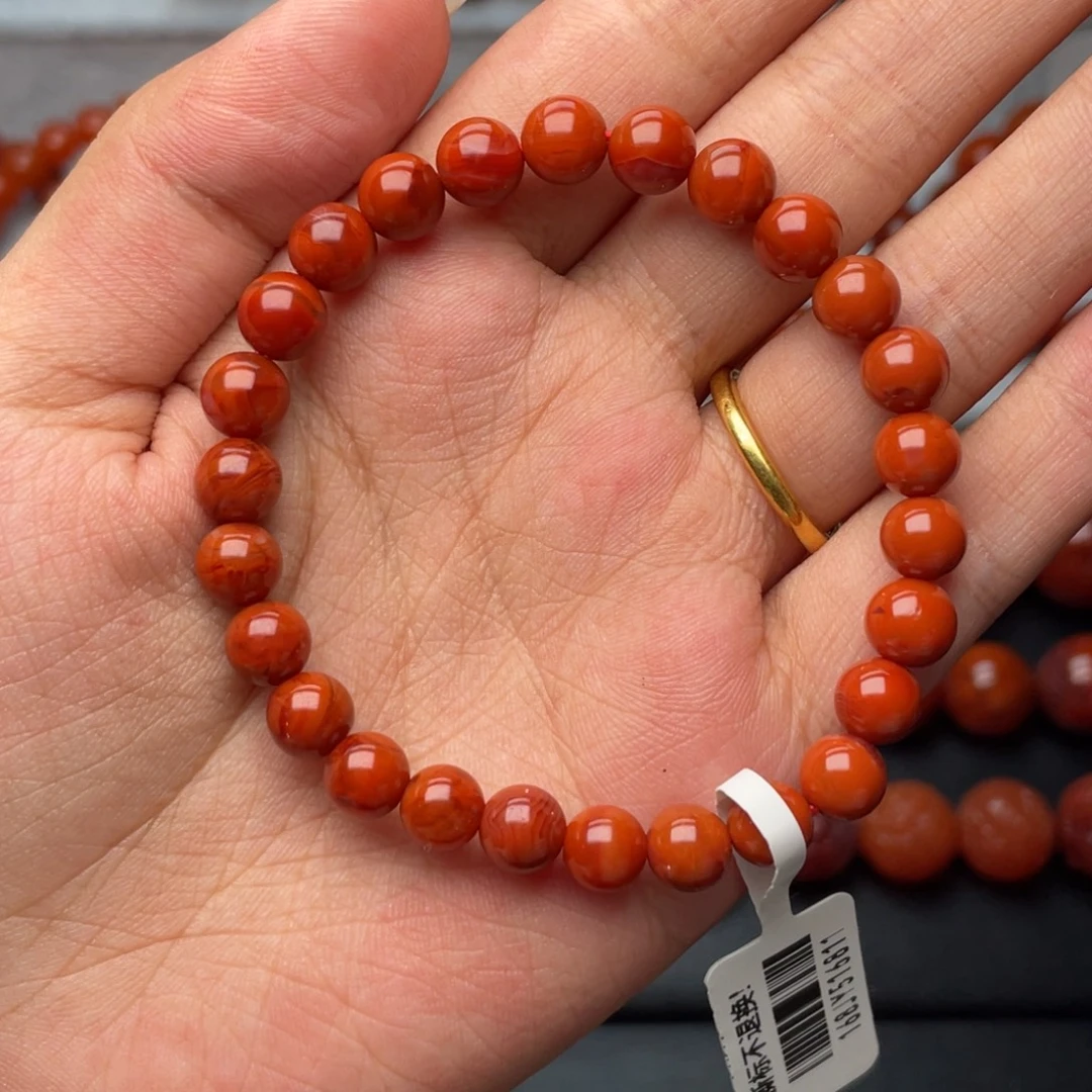 南红玛瑙合金手链Y7mm顶品满肉柿子红手串