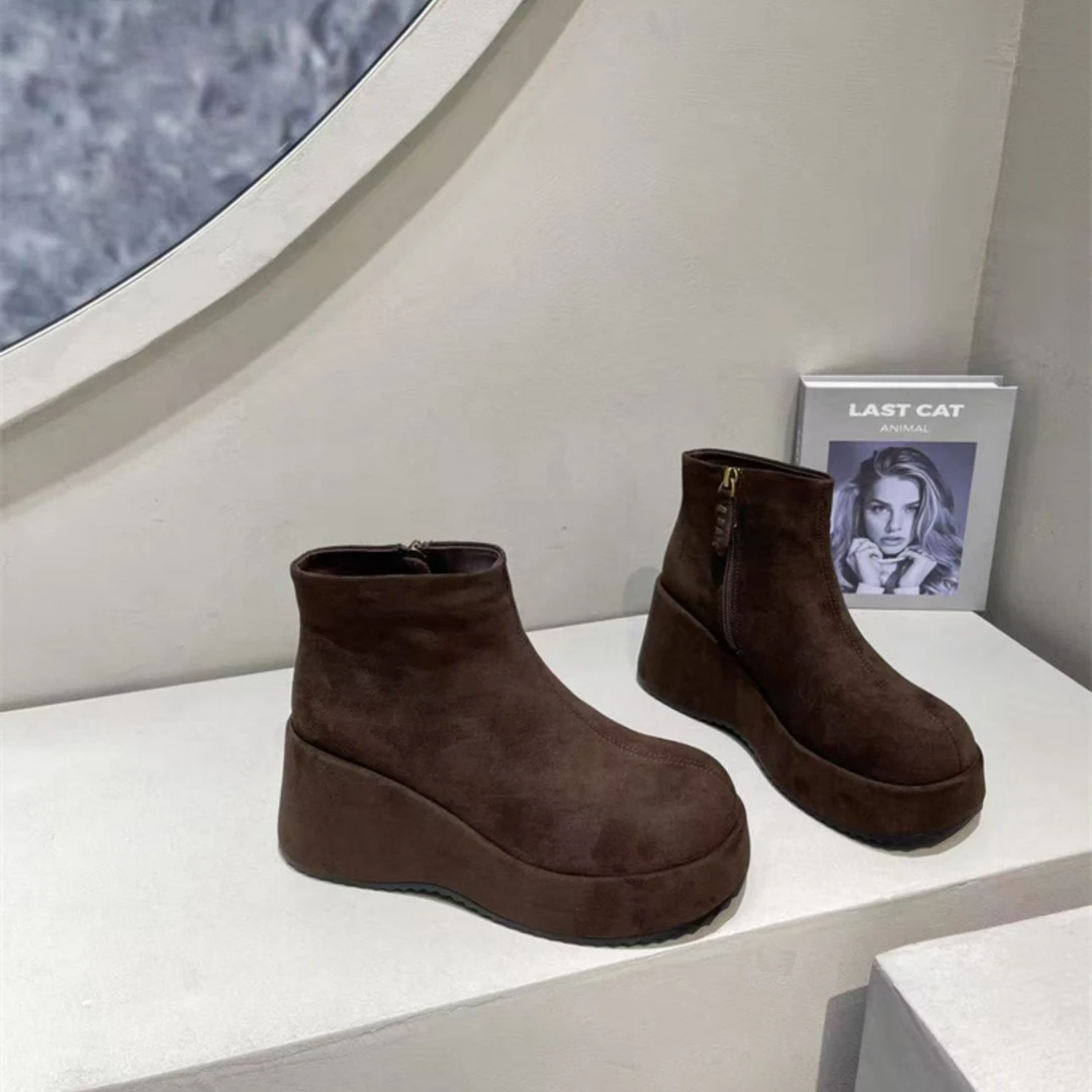 美式复古磨砂绒面侧拉链马丁靴厚底增高加绒保暖舒适通勤百搭短靴