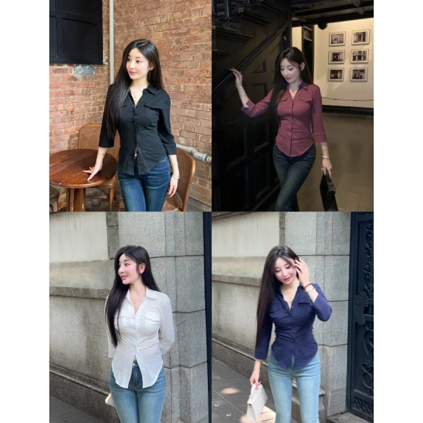 希野逸儿设计感polo领中袖收腰显瘦衬衫女简约纯色百搭2025春季