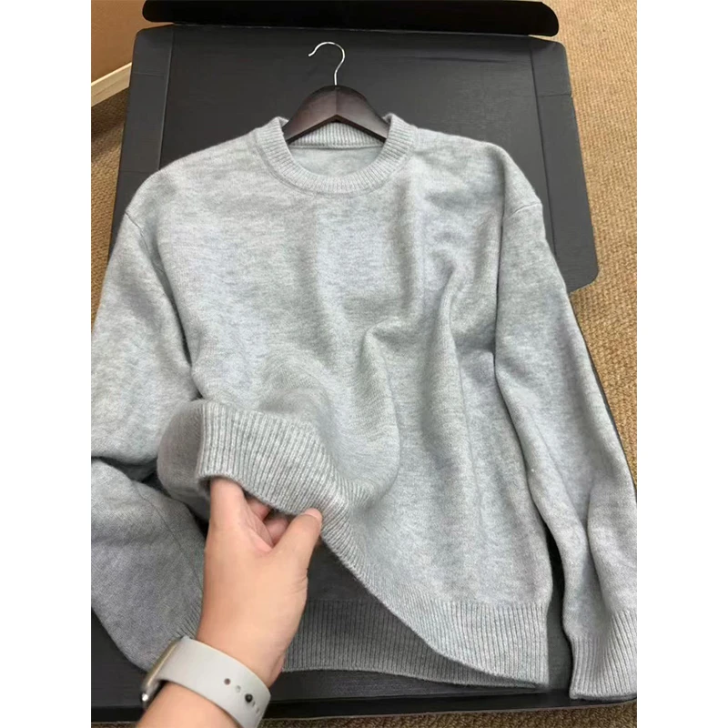 浅灰色cleanfit毛衣男女秋冬高级感痞帅慵懒风圆领内搭针织衫外套
