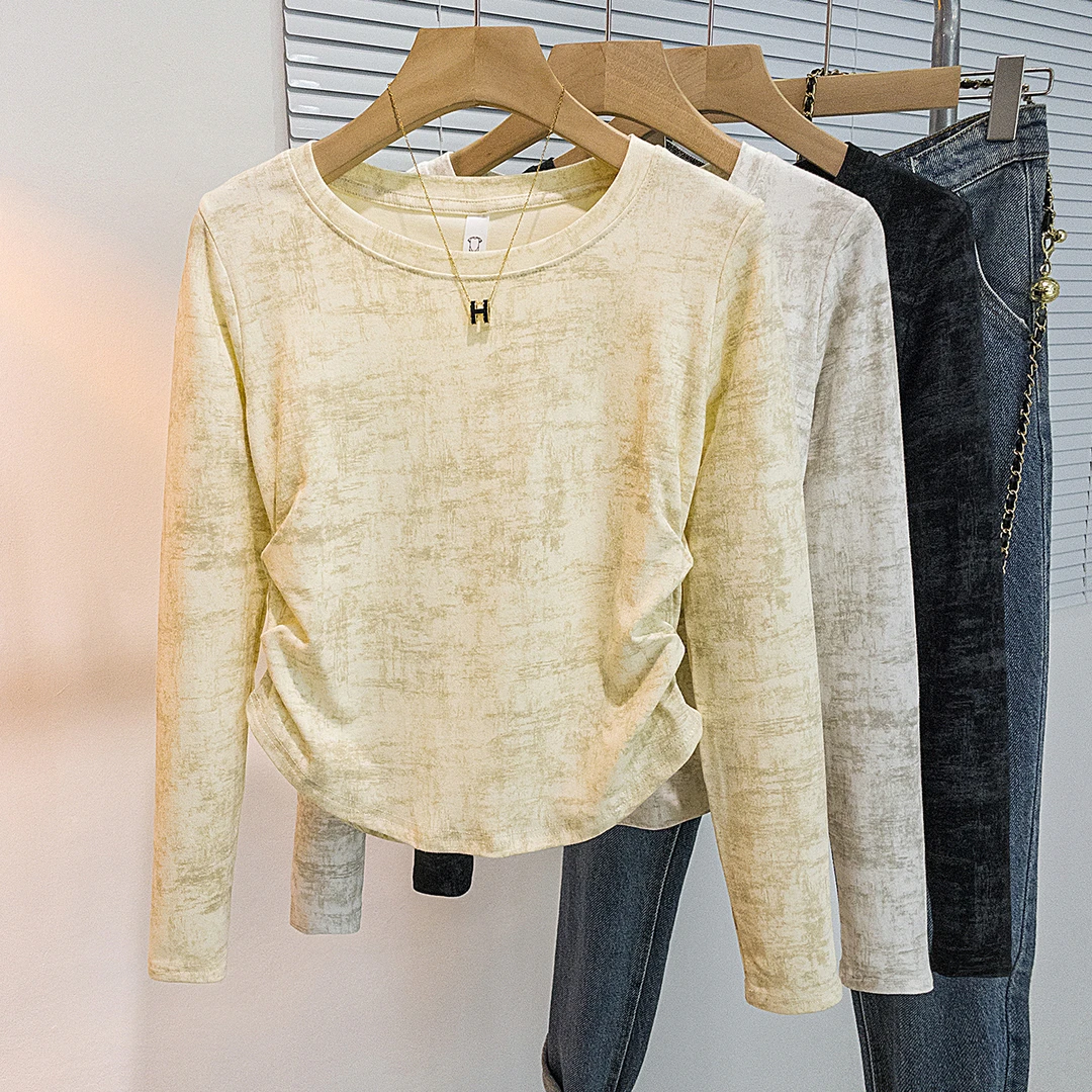 yoewshean/羽媗秋冬扎染胖mm大码女装长袖t恤显瘦内搭打底衫上衣