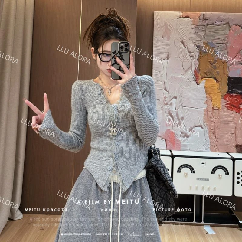 【LLU李】蕾丝亮片针织衫女高级感百搭气质短款开衫上衣LLU-11229