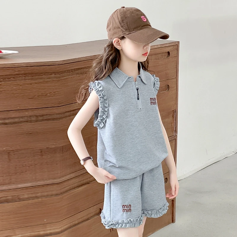 小女孩女童木耳边运动套装6-12岁洋气2025新款韩版中大童无袖潮款