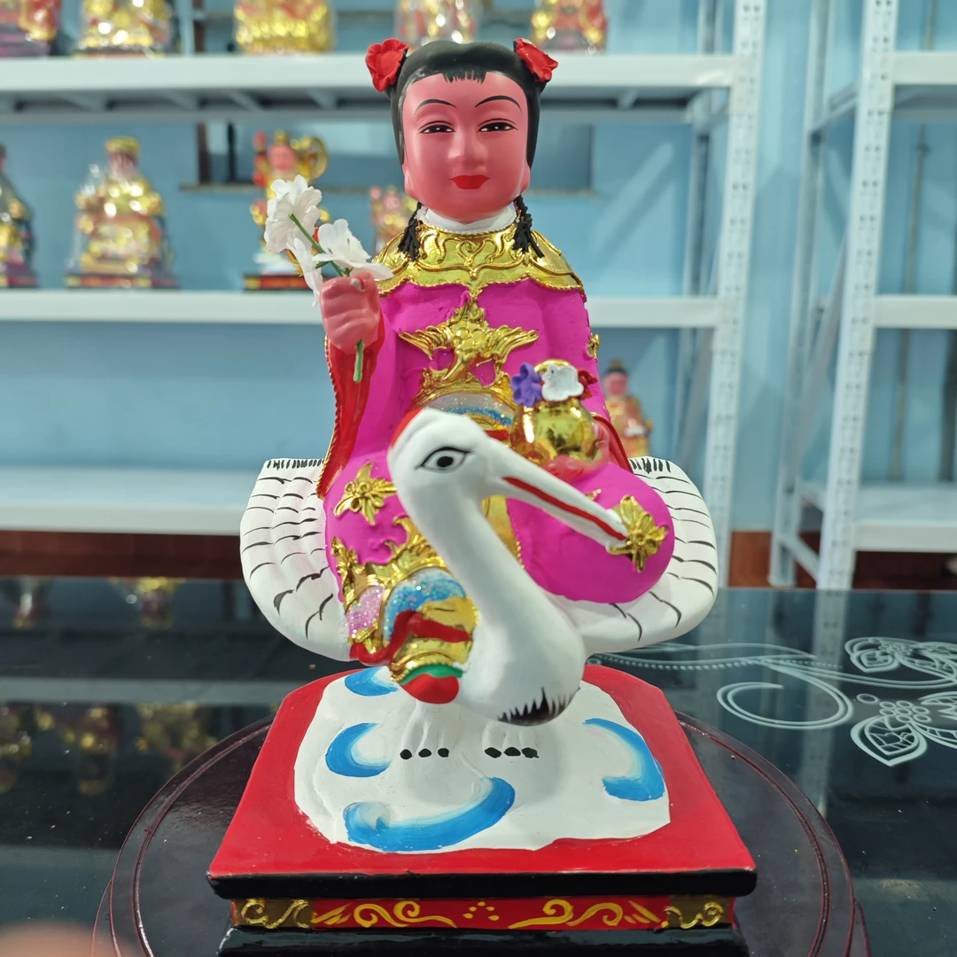 闽南木雕刻神像香樟坐鹤姑子佛像贴金彩绘工艺品摆件
