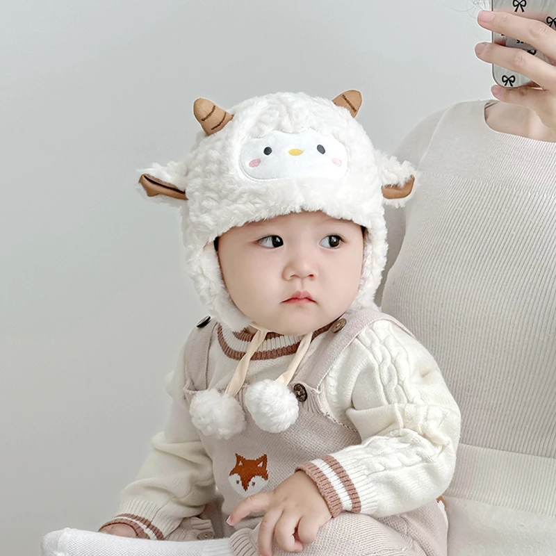 宝宝帽子可爱卡通保暖加厚毛绒系带帽男童女童冬季棉布婴儿护耳帽