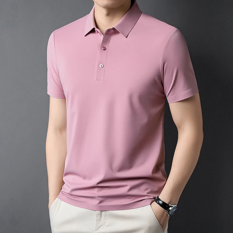 男士夏季短袖翻领T恤衫桑蚕丝弹力大码半袖纯色上衣品质舒服休闲