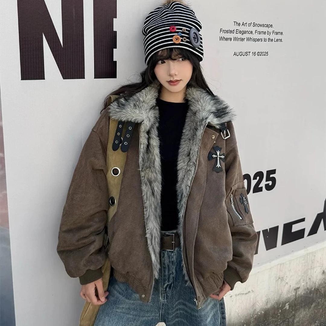 无性别穿搭复古毛领十字架座山雕棉服外套冬季加厚保暖中性夹克服