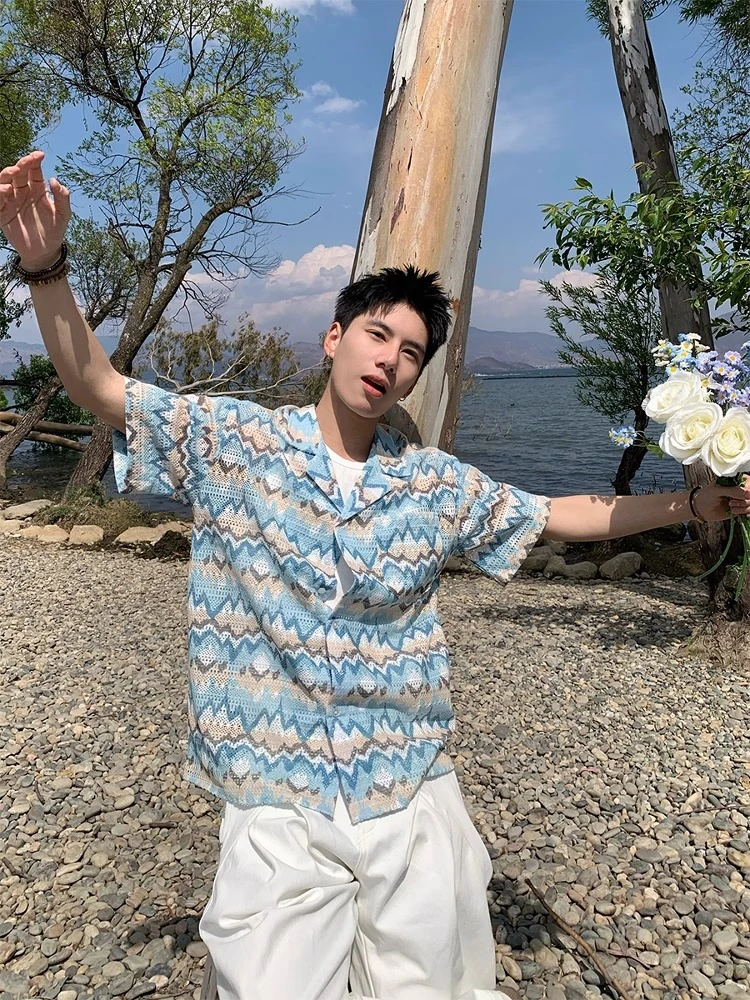 【圈出羊】美式潮牌度假穿搭海岛衬衫短袖花衬衣宽松日系休闲上衣男