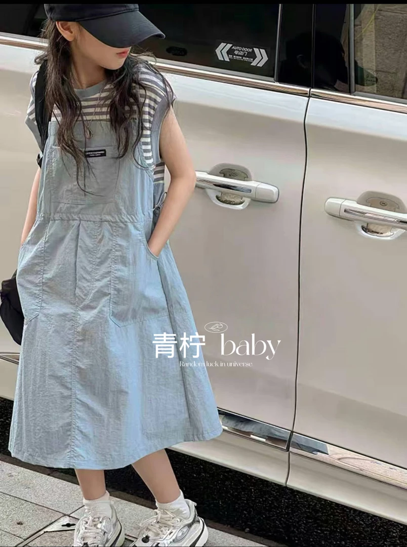 2025新款蓝色条纹假两件韩版女童超酷洋气