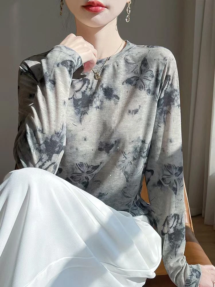 早秋天丝小衫时尚百搭印花长袖上衣