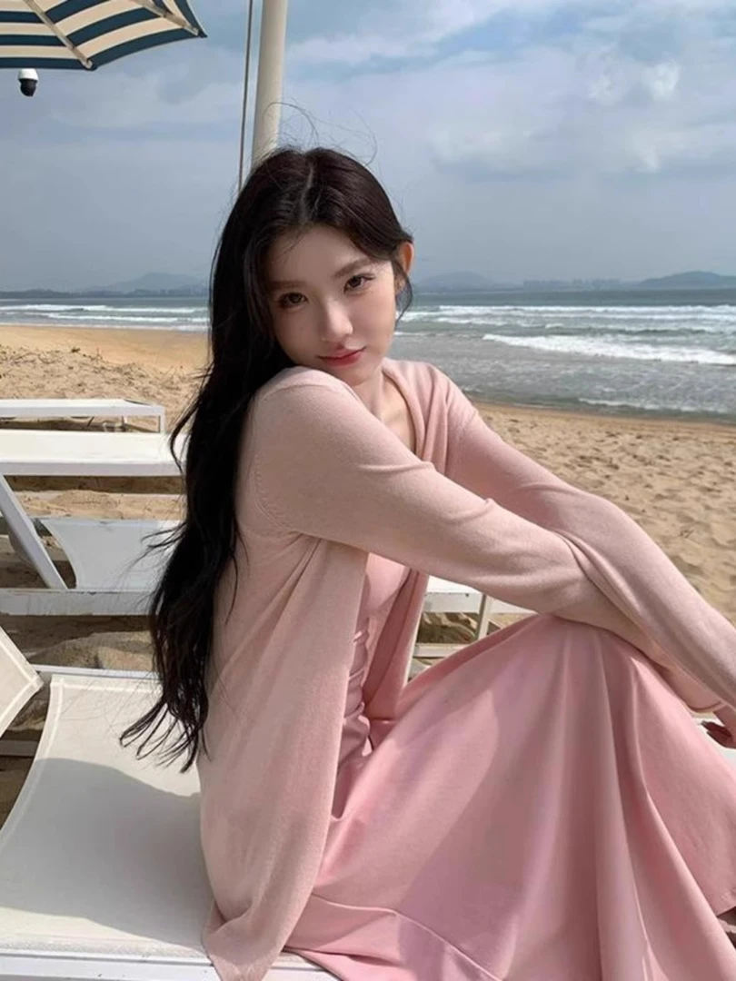 刘亦菲同款针织粉色开衫女春夏慵懒长袖薄款毛衣外套外搭上衣