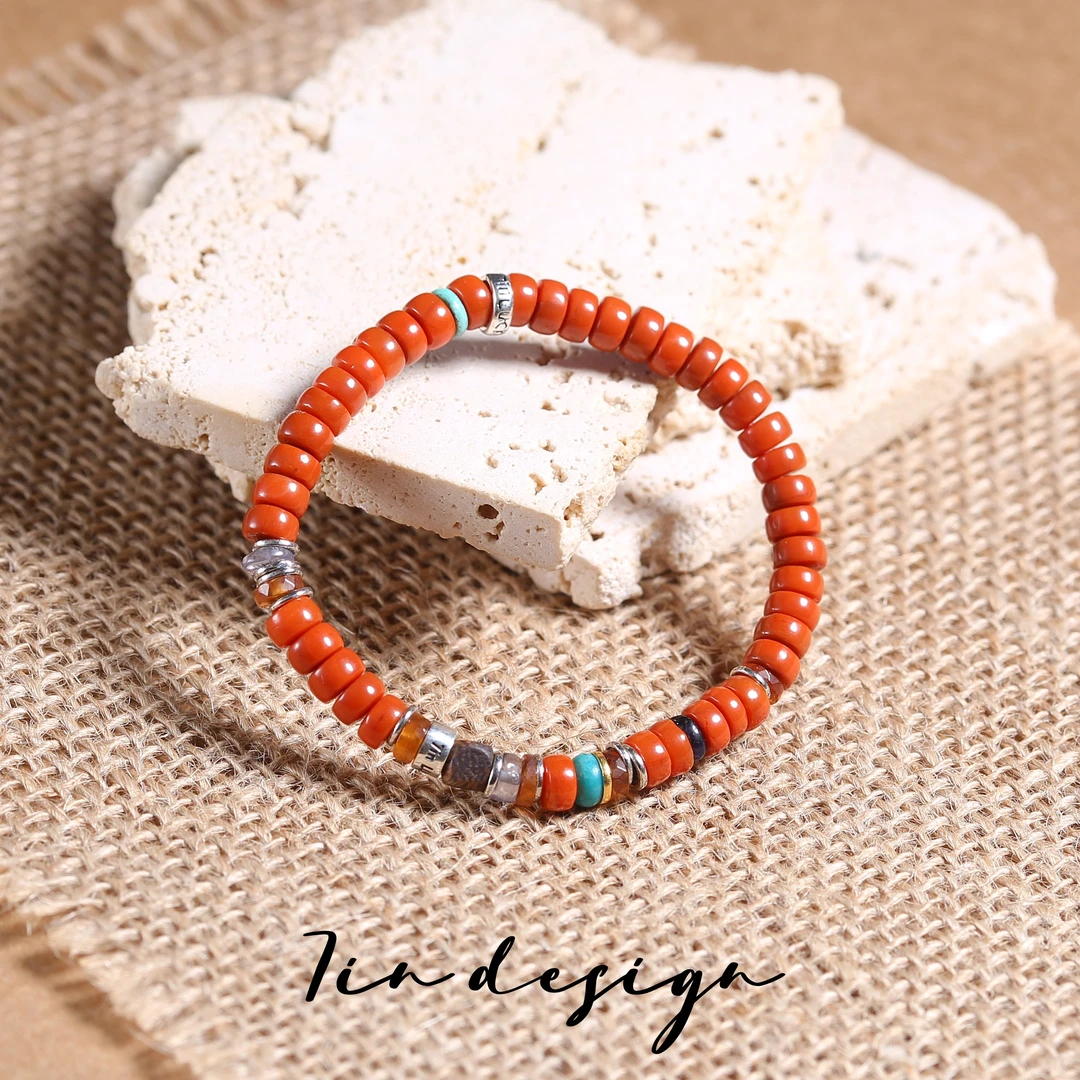 925银木质手链 7in旗舰店【浮尘】原创小众设计复古红色新年手链