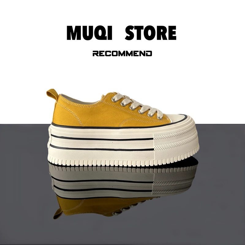 MUQI 2025春夏新款韩版百搭厚底增高系带圆头休闲板鞋帆布鞋女6CM