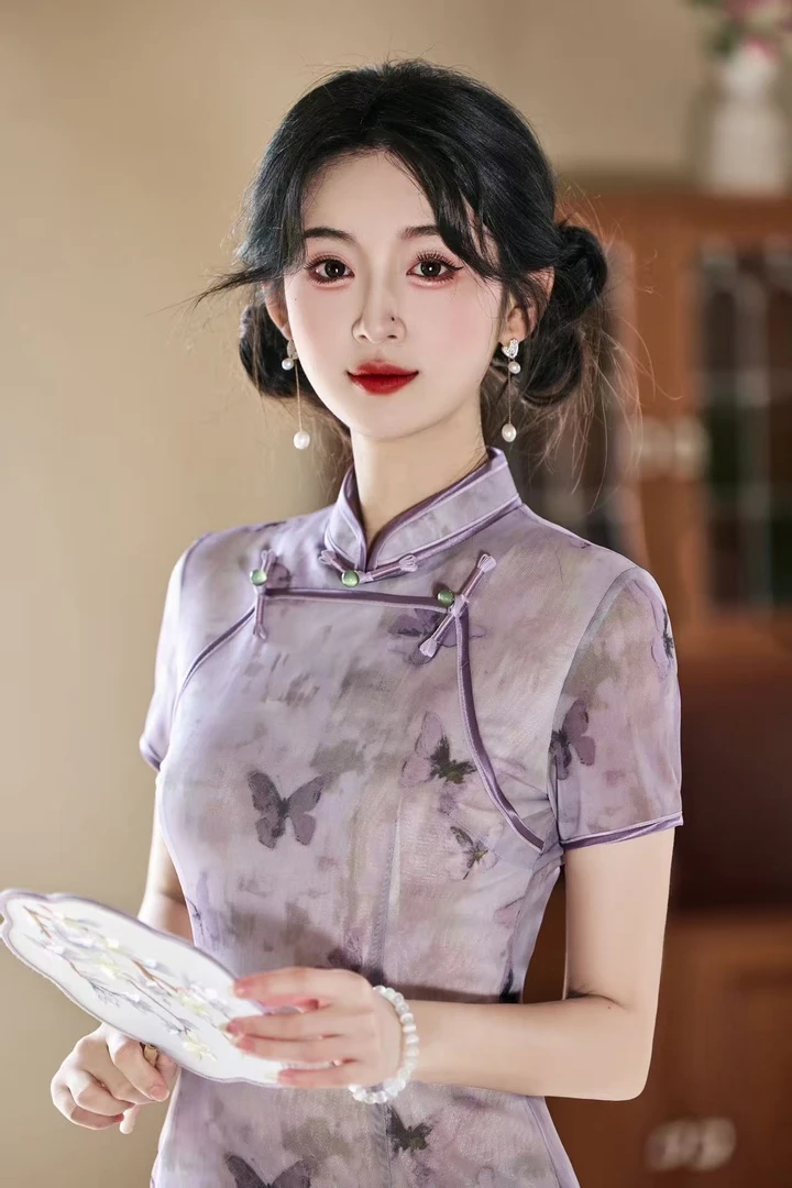 【0036紫菱纤】浅紫色改良版后边拉链中式气质旗袍长约120cm女款