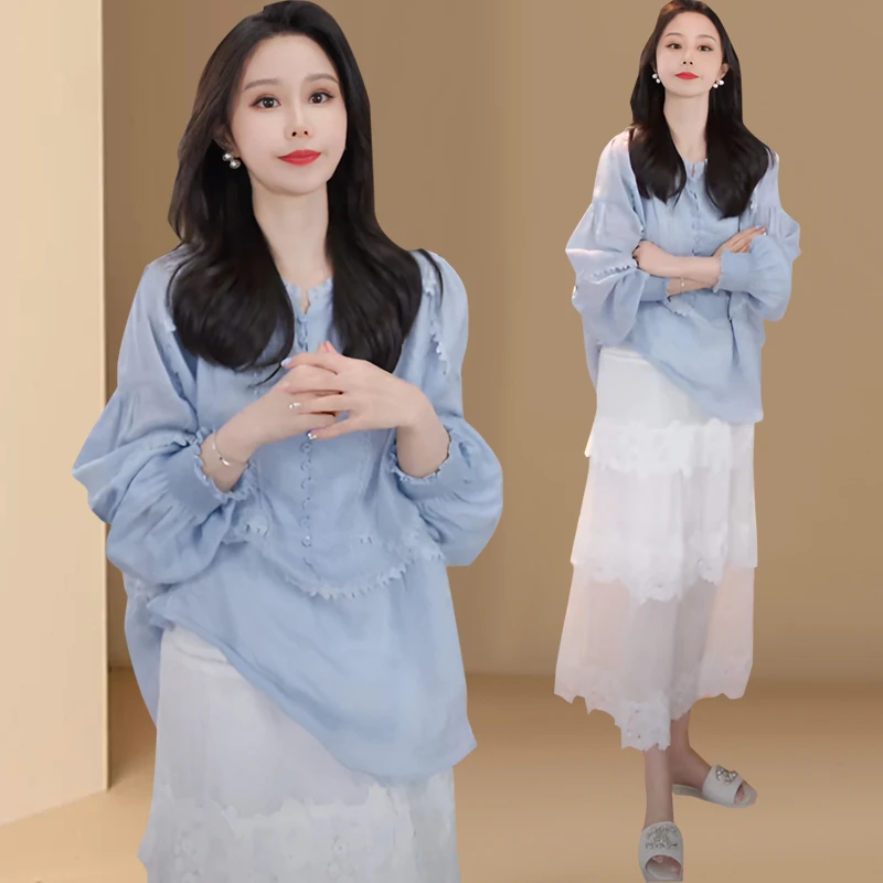 法式宫廷风蓝色长袖衬衫女装春秋新款衬衣韩系刺绣设计感气质上衣