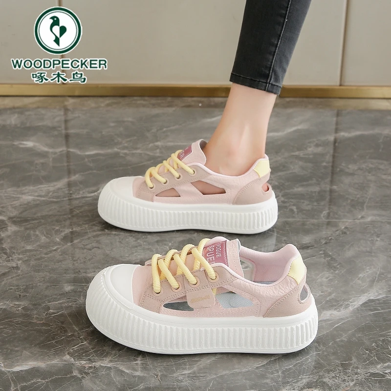 【正品】啄木鸟丑萌大头板鞋女款夏季透气厚底休闲鞋女镂空运动凉鞋