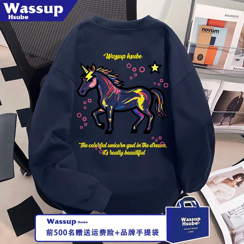 WASSUP HSUBE秋冬季100%纯棉藏青长袖T恤时尚创意印花男女款上衣