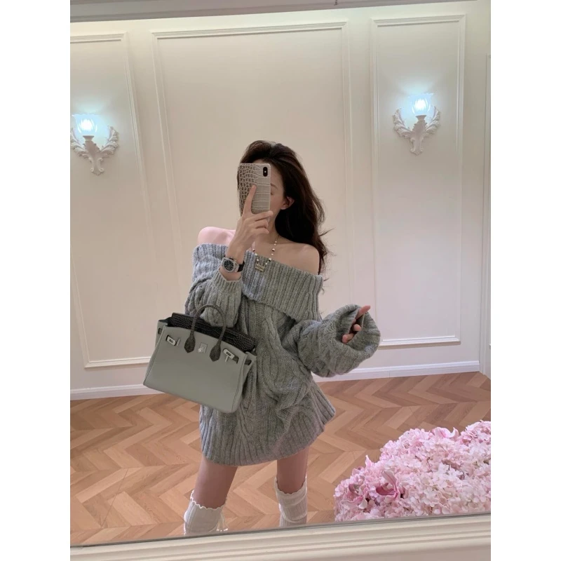 慵懒风韩系灰色针织毛衣女秋冬一字肩独特设计感宽松复古长袖上衣