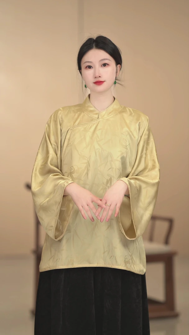 「莫问归期」时尚百搭新中式夏季宽松圆领提花中国风斜襟长袖立领