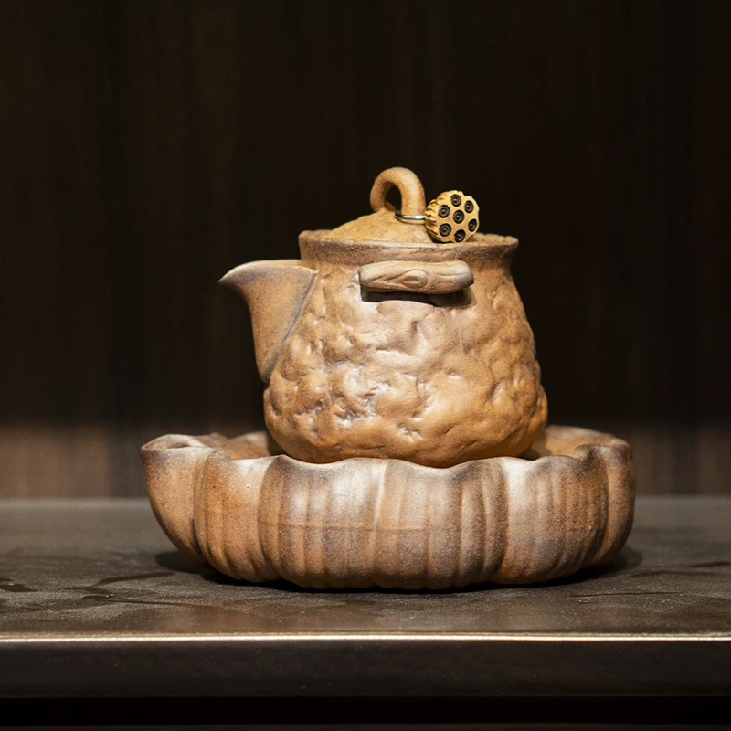 素烧老岩泥挂坠手抓壶加莲蓬蓄水壶承粗陶茶具小套组