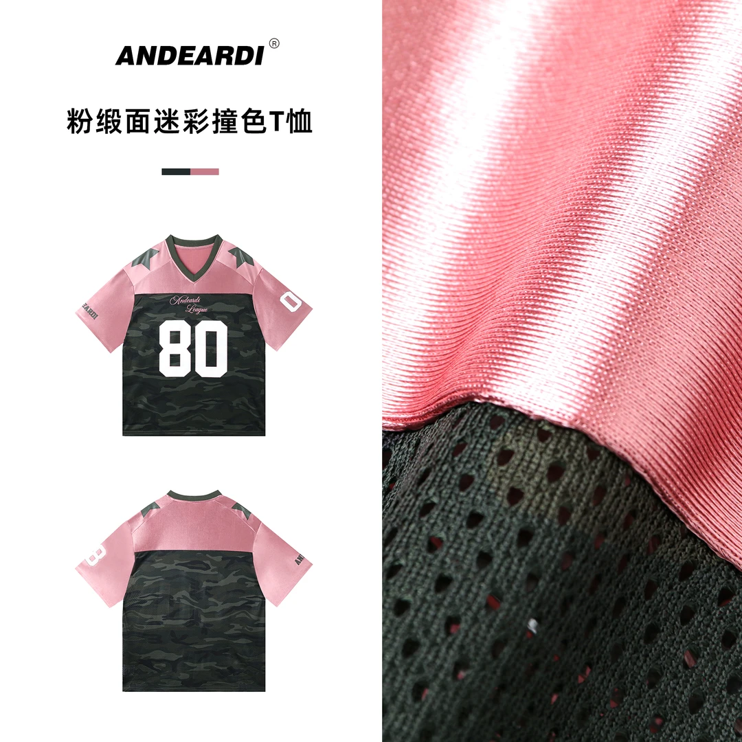ANDEARDI美式短袖v领数字印花迷彩拼色球衣休闲T恤上衣